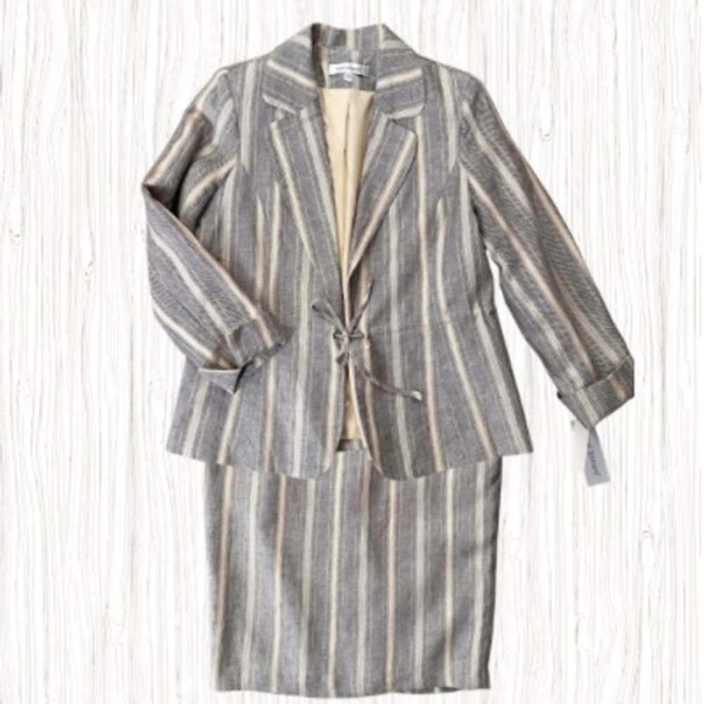 Harve Benard Linen Metallic Striped Grey Blazer Skirt Suit Womens Size 14 NEW